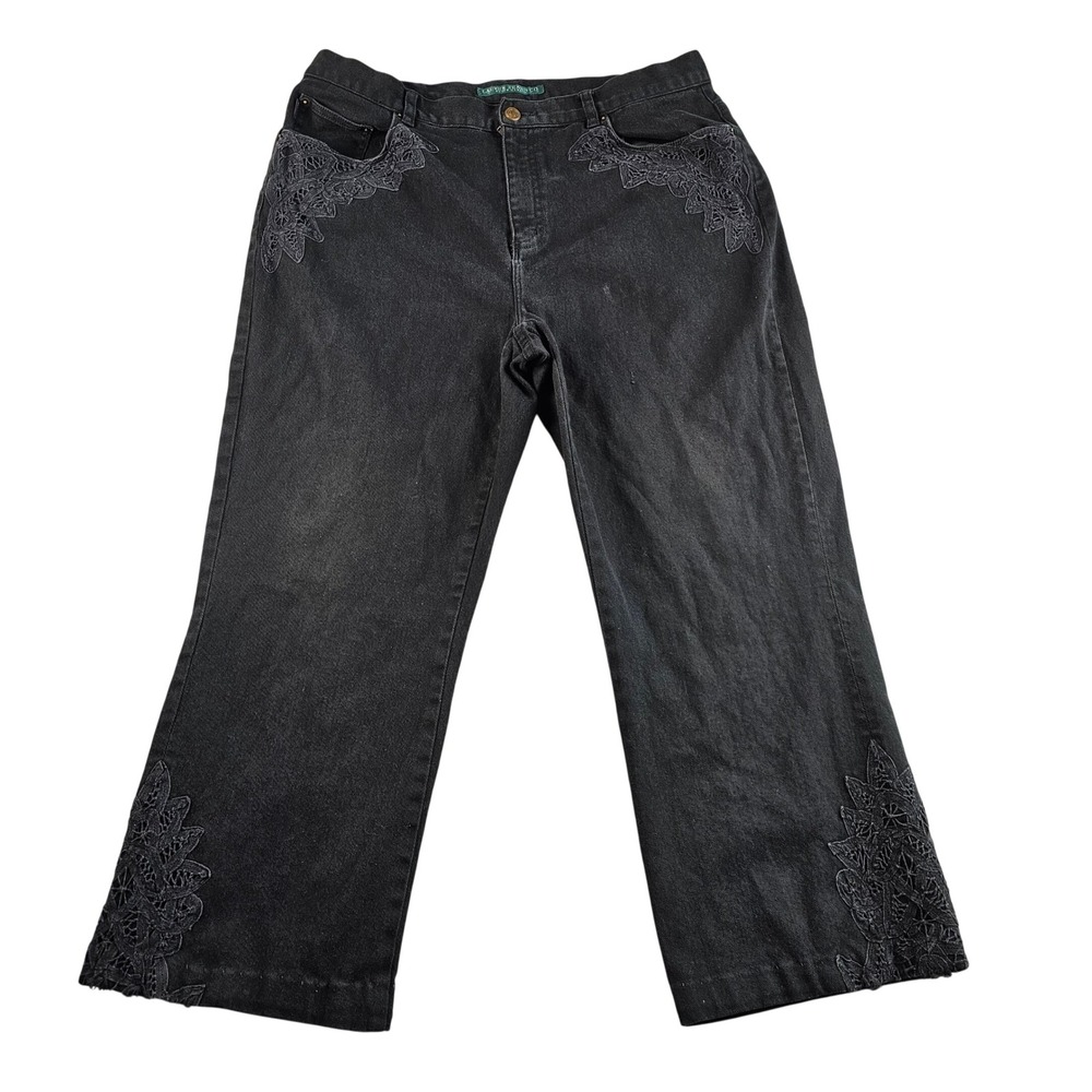 Lauren Jeans Co Ralph‎ Lauren Cropped Flare Jeans Sz 14W Black Lace Embellished